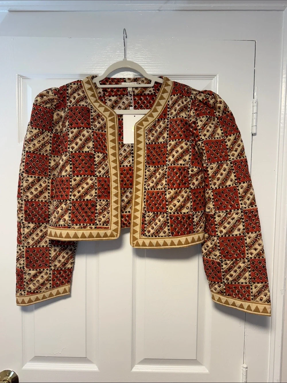 Cropped Patchwork-Print Blazer in Rust and Cream